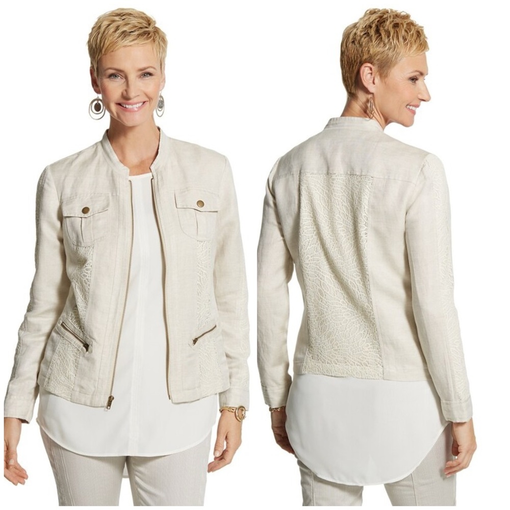 Chico's Linen And Lace Mix Utility Jacket Large‎ Chico's 2 Minimalist Casual